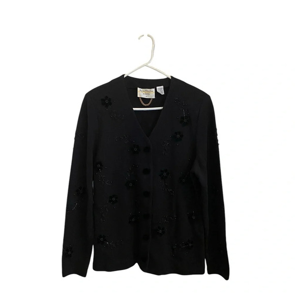 vintage Marissa Cristina knits black beaded floral cardigan holiday sweater - Picture 2 of 9